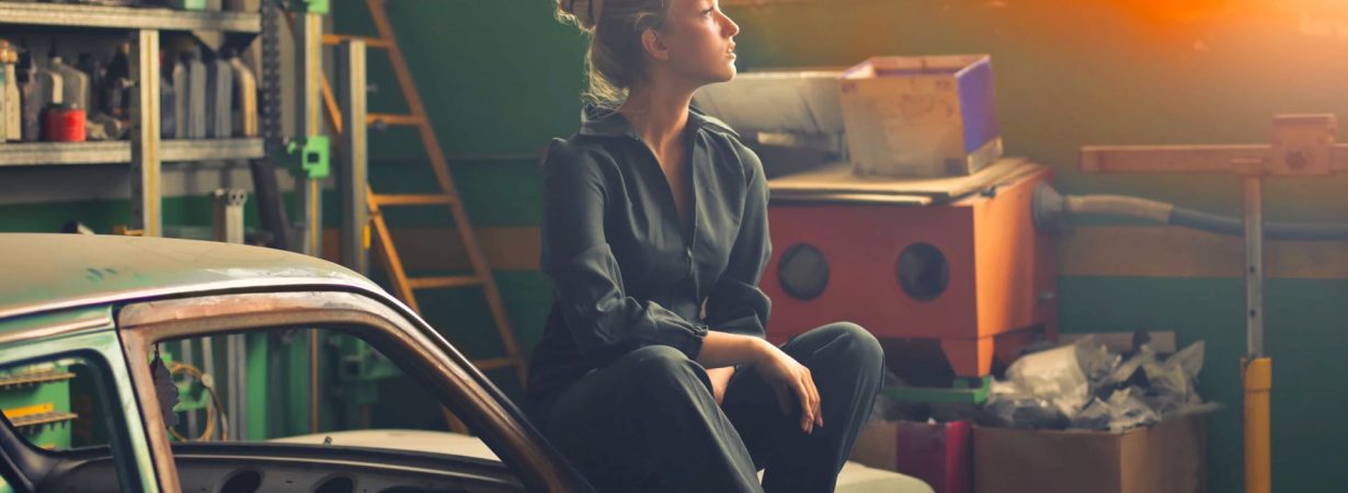 an woman in a garage